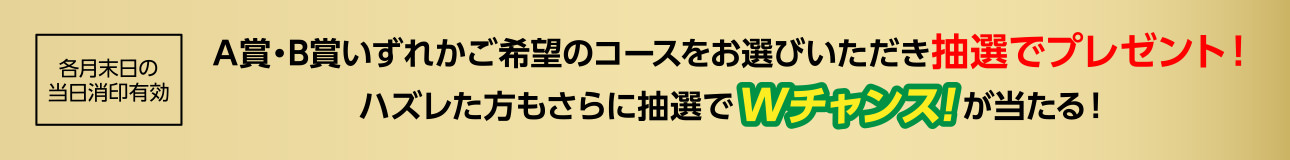 各月末日の当日消印有効 A賞・B賞いずれかご希望のコースをお選びいただき抽選でプレゼント！ ハズレた方もさらに抽選でWチャンス！が当たる！