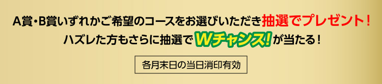 各月末日の当日消印有効 A賞・B賞いずれかご希望のコースをお選びいただき抽選でプレゼント！ ハズレた方もさらに抽選でWチャンス！が当たる！